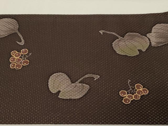 平和屋着物●九寸名古屋帯　作家物　葡萄蔦の葉文　金通し地　金彩　正絹　逸品　CABD4352dy