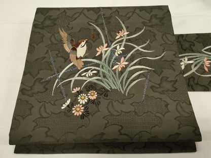 平和屋着物●アンティーク　大正ロマン　九寸名古屋帯　総手刺繍　雀　草花文　金銀糸　正絹　逸品　未使用　CABD4355dy