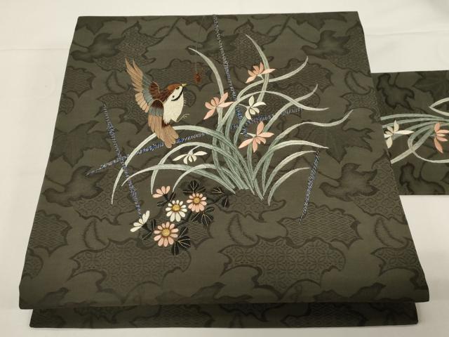 平和屋着物●アンティーク　大正ロマン　九寸名古屋帯　総手刺繍　雀　草花文　金銀糸　正絹　逸品　未使用　CABD4355dy
