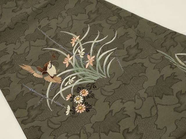 平和屋着物●アンティーク　大正ロマン　九寸名古屋帯　総手刺繍　雀　草花文　金銀糸　正絹　逸品　未使用　CABD4355dy