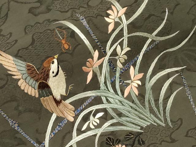 平和屋着物●アンティーク　大正ロマン　九寸名古屋帯　総手刺繍　雀　草花文　金銀糸　正絹　逸品　未使用　CABD4355dy