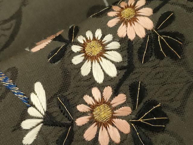 平和屋着物●アンティーク　大正ロマン　九寸名古屋帯　総手刺繍　雀　草花文　金銀糸　正絹　逸品　未使用　CABD4355dy