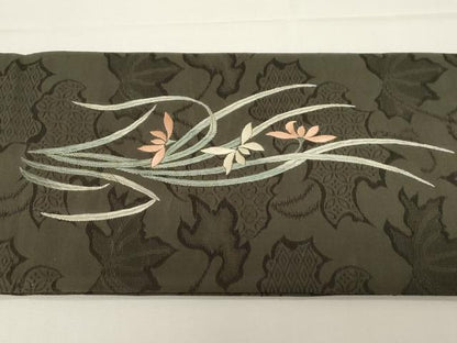 平和屋着物●アンティーク　大正ロマン　九寸名古屋帯　総手刺繍　雀　草花文　金銀糸　正絹　逸品　未使用　CABD4355dy