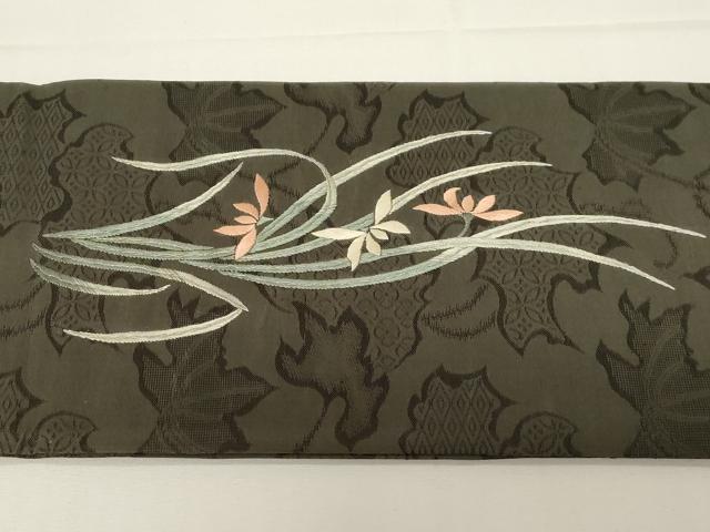 平和屋着物●アンティーク　大正ロマン　九寸名古屋帯　総手刺繍　雀　草花文　金銀糸　正絹　逸品　未使用　CABD4355dy