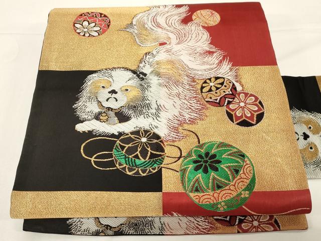 平和屋着物●アンティーク　大正ロマン　九寸名古屋帯　唐織　狆　金糸　正絹　逸品　CABD4356dy