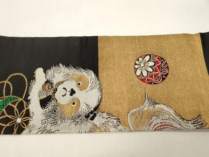平和屋着物●アンティーク　大正ロマン　九寸名古屋帯　唐織　狆　金糸　正絹　逸品　CABD4356dy