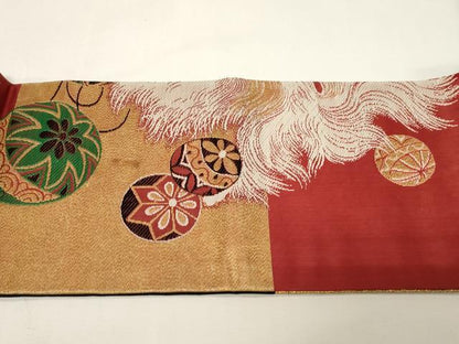 平和屋着物●アンティーク　大正ロマン　九寸名古屋帯　唐織　狆　金糸　正絹　逸品　CABD4356dy