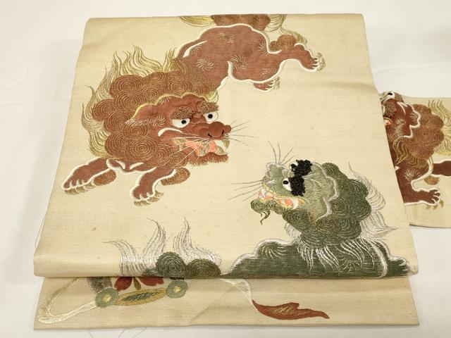 平和屋着物●アンティーク　大正ロマン　九寸名古屋帯　総刺繍　唐獅子　金銀糸　正絹　逸品　CABD4357dy