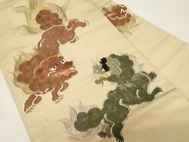 平和屋着物●アンティーク　大正ロマン　九寸名古屋帯　総刺繍　唐獅子　金銀糸　正絹　逸品　CABD4357dy