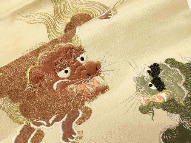 平和屋着物●アンティーク　大正ロマン　九寸名古屋帯　総刺繍　唐獅子　金銀糸　正絹　逸品　CABD4357dy