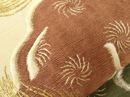 平和屋着物●アンティーク　大正ロマン　九寸名古屋帯　総刺繍　唐獅子　金銀糸　正絹　逸品　CABD4357dy