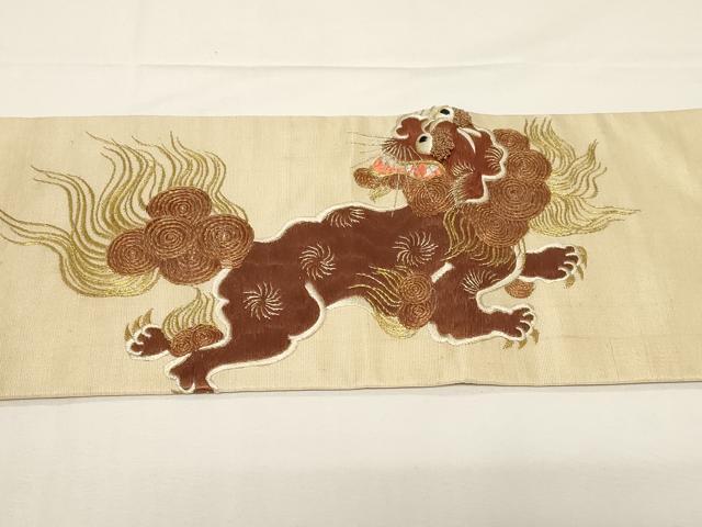 平和屋着物●アンティーク　大正ロマン　九寸名古屋帯　総刺繍　唐獅子　金銀糸　正絹　逸品　CABD4357dy