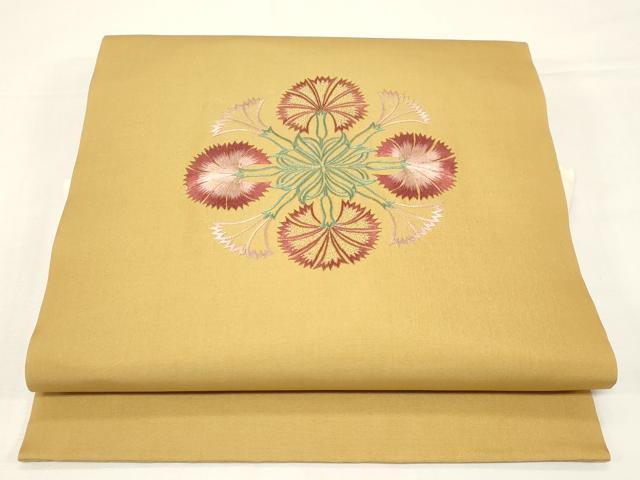 平和屋着物●塩瀬　つけ帯　総刺繍　草花文　金糸　正絹　逸品　CABD4362dy