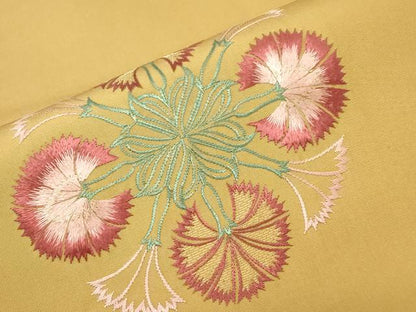 平和屋着物●塩瀬　つけ帯　総刺繍　草花文　金糸　正絹　逸品　CABD4362dy