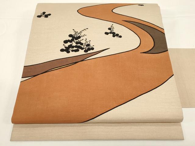 平和屋着物●九寸名古屋帯　紬地　型染め　草花文　正絹　逸品　未使用　CABD4364dy