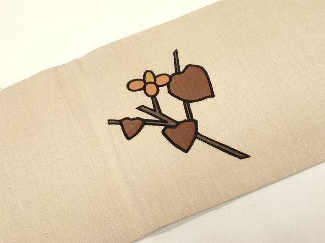 平和屋着物●九寸名古屋帯　紬地　型染め　草花文　正絹　逸品　未使用　CABD4364dy