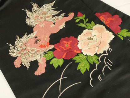 平和屋着物●アンティーク　大正ロマン　九寸名古屋帯　作家物　総手刺繍　草花　唐獅子　黒地　金糸　正絹　逸品　CABD4365dy