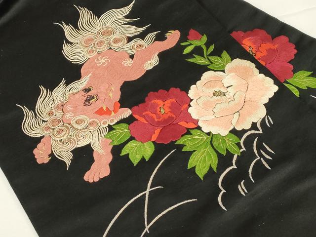 平和屋着物●アンティーク　大正ロマン　九寸名古屋帯　作家物　総手刺繍　草花　唐獅子　黒地　金糸　正絹　逸品　CABD4365dy