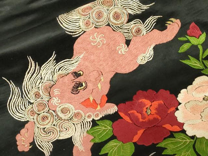 平和屋着物●アンティーク　大正ロマン　九寸名古屋帯　作家物　総手刺繍　草花　唐獅子　黒地　金糸　正絹　逸品　CABD4365dy