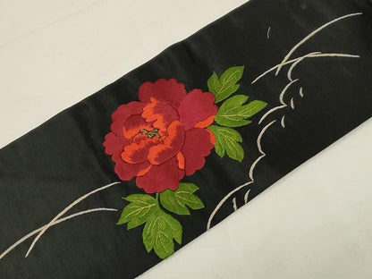 平和屋着物●アンティーク　大正ロマン　九寸名古屋帯　作家物　総手刺繍　草花　唐獅子　黒地　金糸　正絹　逸品　CABD4365dy