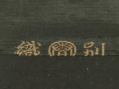 平和屋着物●アンティーク　大正ロマン　九寸名古屋帯　作家物　総手刺繍　草花　唐獅子　黒地　金糸　正絹　逸品　CABD4365dy