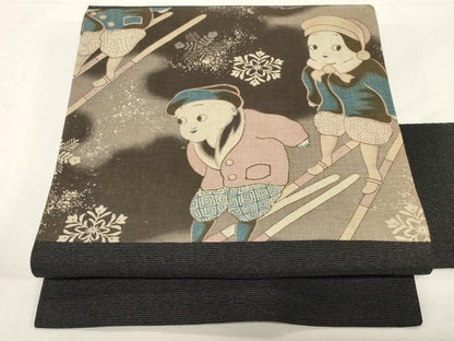 平和屋着物●九寸名古屋帯　スキー　人物文　正絹　逸品　未使用　CABD4366dy
