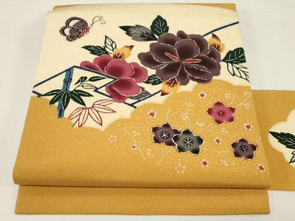 平和屋着物●九寸名古屋帯　紅型　花蝶文　鬼しぼ縮緬　正絹　逸品　CABD4367dy