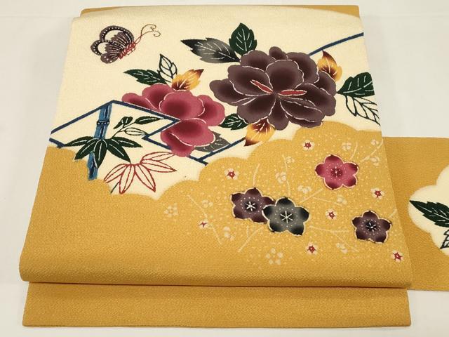 平和屋着物●九寸名古屋帯　紅型　花蝶文　鬼しぼ縮緬　正絹　逸品　CABD4367dy