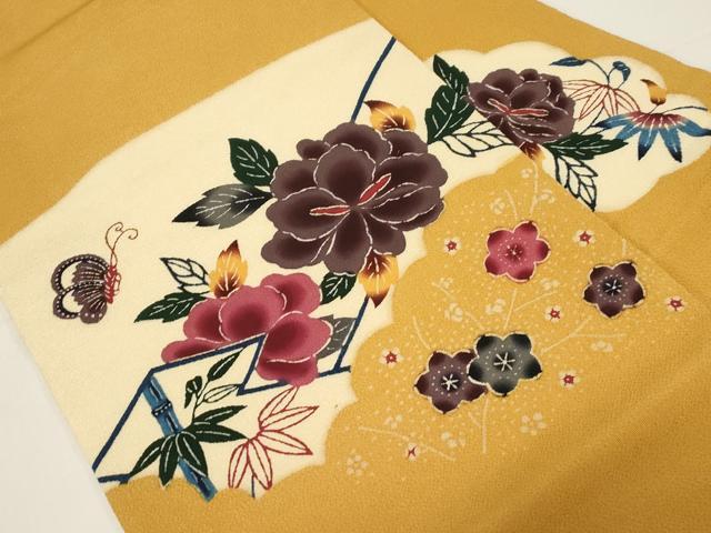 平和屋着物●九寸名古屋帯　紅型　花蝶文　鬼しぼ縮緬　正絹　逸品　CABD4367dy