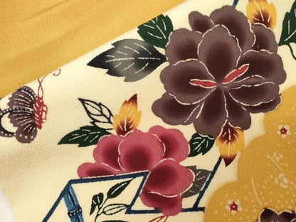 平和屋着物●九寸名古屋帯　紅型　花蝶文　鬼しぼ縮緬　正絹　逸品　CABD4367dy