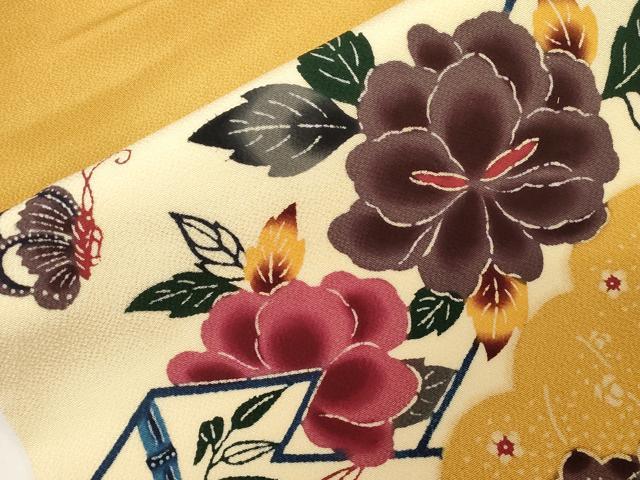 平和屋着物●九寸名古屋帯　紅型　花蝶文　鬼しぼ縮緬　正絹　逸品　CABD4367dy