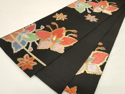 平和屋着物●六通柄　本袋帯　龍村平蔵柄　モール双花　黒地　金銀糸　正絹　逸品　CABD4368dy