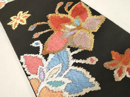 平和屋着物●六通柄　本袋帯　龍村平蔵柄　モール双花　黒地　金銀糸　正絹　逸品　CABD4368dy