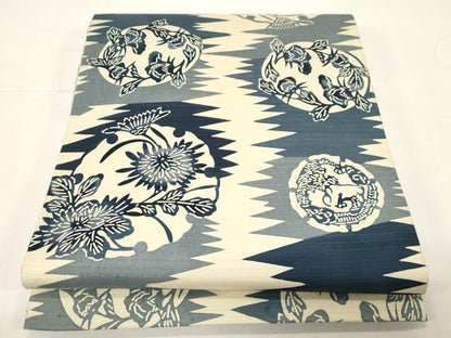 平和屋着物●全通柄袋帯　花絲芭蕉大島　藍　型染め　草花丸文　正絹　逸品　未使用　CABD4374dy