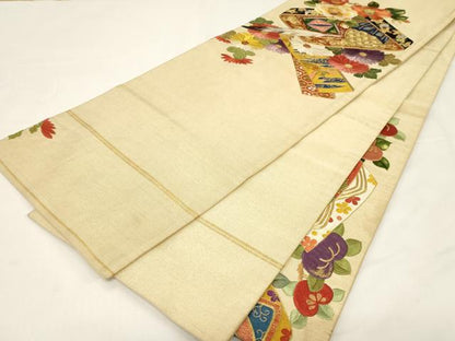 平和屋着物●アンティーク 大正ロマン 中国三大刺繍 相良刺繍 総刺繍 両面 丸帯 引き抜き帯 駒刺繍 文箱花文 金糸 正絹 逸品 CABD4384dy