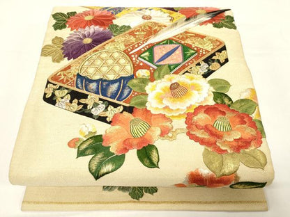平和屋着物●アンティーク 大正ロマン 中国三大刺繍 相良刺繍 総刺繍 両面 丸帯 引き抜き帯 駒刺繍 文箱花文 金糸 正絹 逸品 CABD4384dy