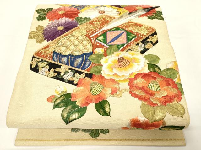 平和屋着物●アンティーク 大正ロマン 中国三大刺繍 相良刺繍 総刺繍 両面 丸帯 引き抜き帯 駒刺繍 文箱花文 金糸 正絹 逸品 CABD4384dy