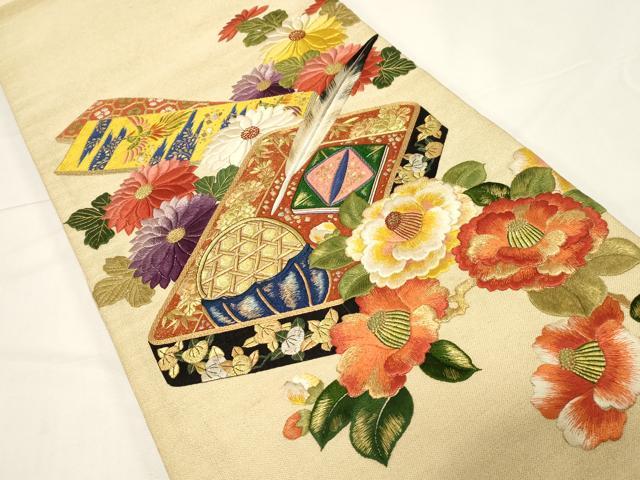 平和屋着物●アンティーク 大正ロマン 中国三大刺繍 相良刺繍 総刺繍 両面 丸帯 引き抜き帯 駒刺繍 文箱花文 金糸 正絹 逸品 CABD4384dy