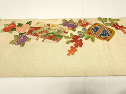 平和屋着物●アンティーク 大正ロマン 中国三大刺繍 相良刺繍 総刺繍 両面 丸帯 引き抜き帯 駒刺繍 文箱花文 金糸 正絹 逸品 CABD4384dy