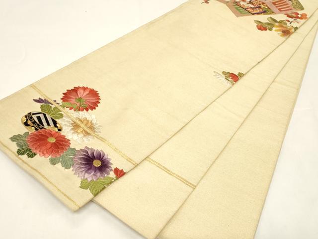 平和屋着物●アンティーク 大正ロマン 中国三大刺繍 相良刺繍 総刺繍 両面 丸帯 引き抜き帯 駒刺繍 文箱花文 金糸 正絹 逸品 CABD4384dy