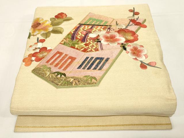 平和屋着物●アンティーク 大正ロマン 中国三大刺繍 相良刺繍 総刺繍 両面 丸帯 引き抜き帯 駒刺繍 文箱花文 金糸 正絹 逸品 CABD4384dy