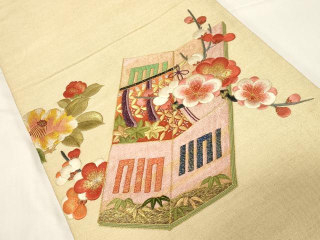 平和屋着物●アンティーク 大正ロマン 中国三大刺繍 相良刺繍 総刺繍 両面 丸帯 引き抜き帯 駒刺繍 文箱花文 金糸 正絹 逸品 CABD4384dy