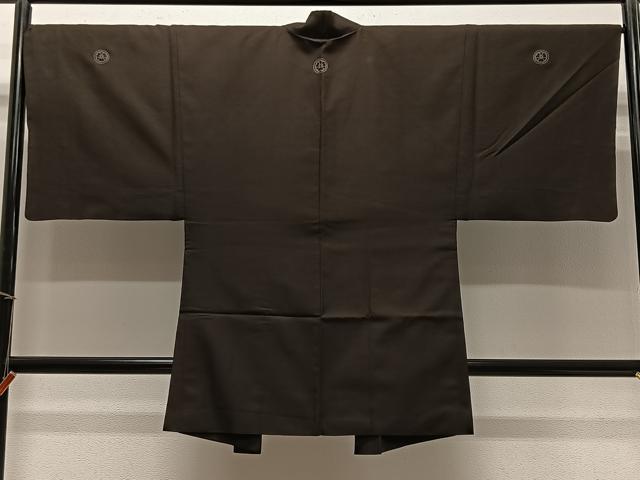 平和屋着物∞男性　長羽織　お召地　赤墨色　羽裏：風景文　正絹　逸品　CABD4401ua