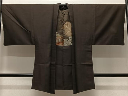 平和屋着物∞男性　長羽織　お召地　赤墨色　羽裏：風景文　正絹　逸品　CABD4401ua