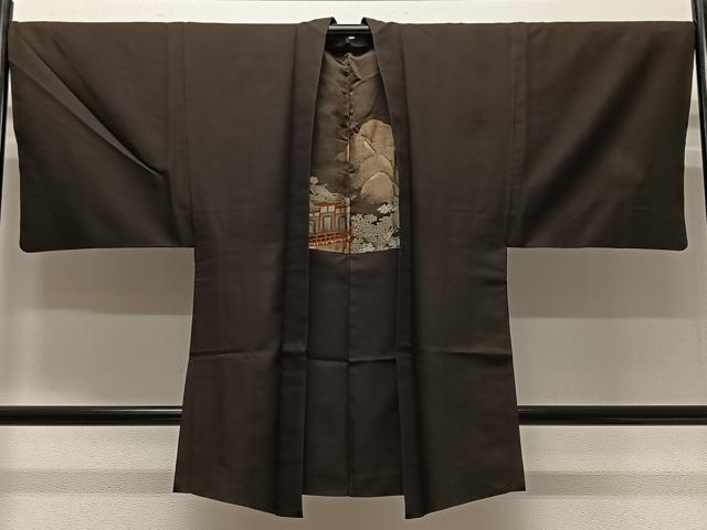 平和屋着物∞男性　長羽織　お召地　赤墨色　羽裏：風景文　正絹　逸品　CABD4401ua