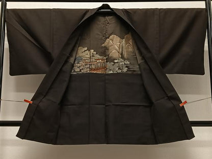 平和屋着物∞男性　長羽織　お召地　赤墨色　羽裏：風景文　正絹　逸品　CABD4401ua