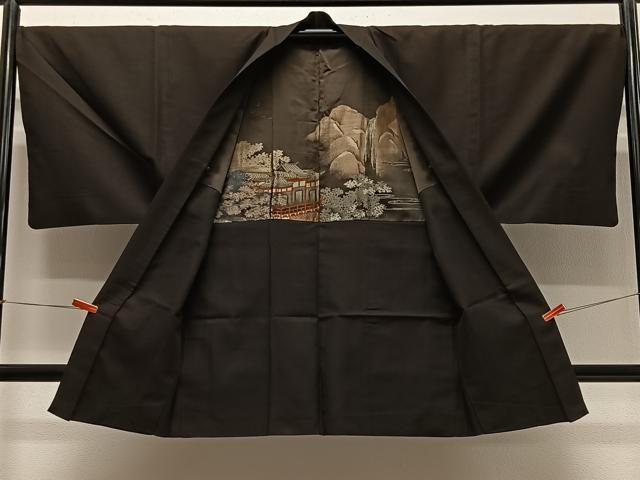 平和屋着物∞男性　長羽織　お召地　赤墨色　羽裏：風景文　正絹　逸品　CABD4401ua