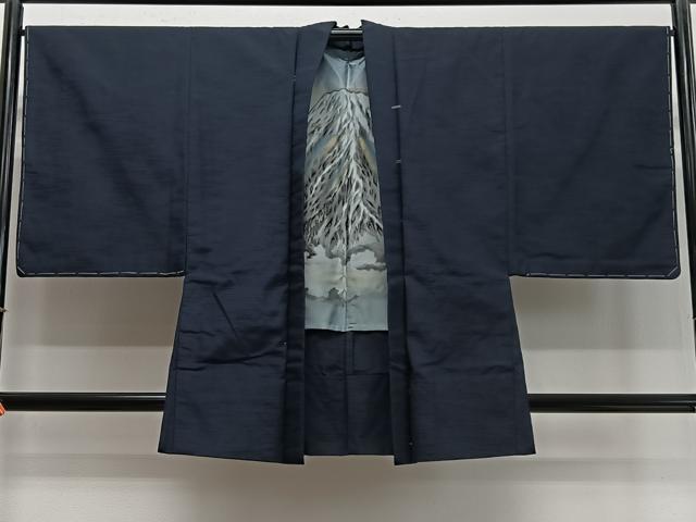 平和屋着物∞男性　羽織　紬地　鉄紺色　羽裏：横山大観　富士　正絹　逸品　未使用　CABD4410ua