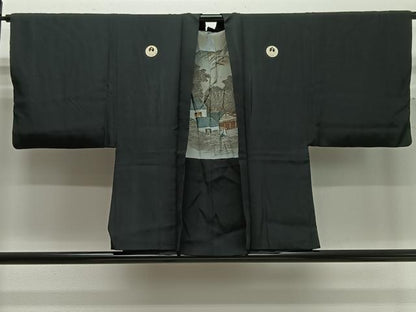 平和屋着物∞男性　羽織　黒紋付　羽裏：風景文　正絹　逸品　CABD4424ua
