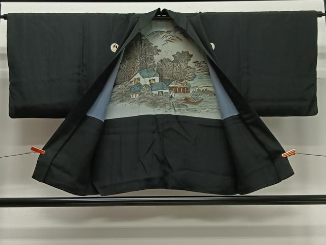 平和屋着物∞男性　羽織　黒紋付　羽裏：風景文　正絹　逸品　CABD4424ua